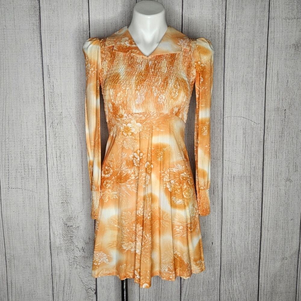 Women's Orange Floral Mini Dress - Vintage-Inspired Long Sleeve